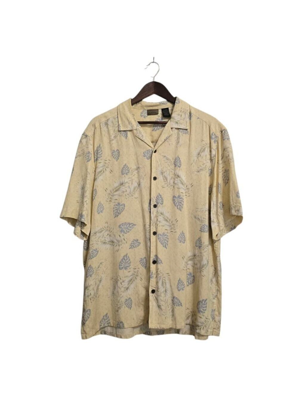Axist Yellow Silk Tropical Leaf Print Short Sleeve Casual Button Down Sz L